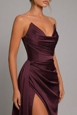 Load image into Gallery viewer, Elegant Satin Maxi Dress for Formal Wedding Guest Style with Strapless Ruched Bodice