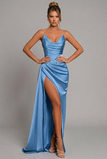 Load image into Gallery viewer, Elegant Satin Maxi Dress for Formal Wedding Guest Style with Strapless Ruched Bodice