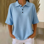Load image into Gallery viewer, Women's Waffle Knit Blouses Polo Neck Button Short Sleeve Loose Fit Casual Style