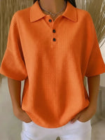 Load image into Gallery viewer, Women's Waffle Knit Blouses Polo Neck Button Short Sleeve Loose Fit Casual Style