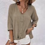 Load image into Gallery viewer, Women's Henley Blouses V Neck Button Elbow Sleeve Relaxed Soft Knit Style