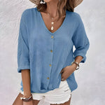 Load image into Gallery viewer, Women's Henley Blouses V Neck Button Elbow Sleeve Relaxed Soft Knit Style