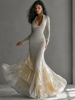 Load image into Gallery viewer, Women's Beige Maxi Dress Deep V Neck Long Sleeve Mermaid Ruffle Formal Evening Style