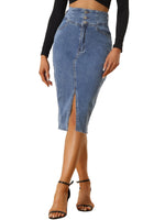 Load image into Gallery viewer, Women's Jean Skirt High Waist Front Slit Midi Pencil Style