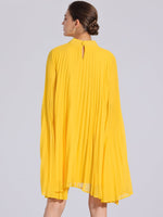 Load image into Gallery viewer, Women's Yellow Pleated Swing Dress Cape Sleeve Mock Neck Flowy Style