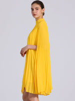 Load image into Gallery viewer, Women's Yellow Pleated Swing Dress Cape Sleeve Mock Neck Flowy Style
