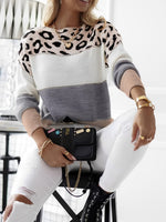 Load image into Gallery viewer, Women's Sweatshirt Leopard Print Color Block Crewneck Knit Style