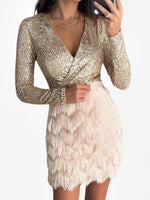 Load image into Gallery viewer, Women's Sequin Birthday Dress V Neck Wrap Fringe Hem