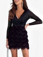 Load image into Gallery viewer, Women's Sequin Birthday Dress V Neck Wrap Fringe Hem