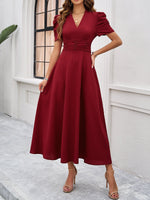 Load image into Gallery viewer, Women's Red Dress V Neck Puff Sleeve Wrap Midi Style