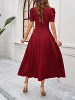Load image into Gallery viewer, Women's Red Dress V Neck Puff Sleeve Wrap Midi Style