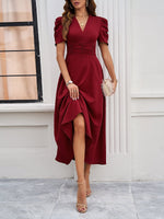 Load image into Gallery viewer, Women's Red Dress V Neck Puff Sleeve Wrap Midi Style