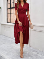 Load image into Gallery viewer, Women's Red Dress V Neck Puff Sleeve Wrap Midi Style