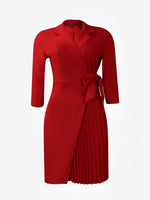 Load image into Gallery viewer, Women's Wrap Mini Dress Collar Elbow Sleeve Pleated Tie Waist