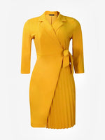 Load image into Gallery viewer, Women's Yellow Wrap Dress Collar Elbow Sleeve Pleated Tie Waist