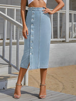 Load image into Gallery viewer, Women's Light Blue Jean Skirt High Waist Front Slit Midi Pencil Style