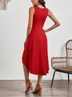 Load image into Gallery viewer, Women's Red Midi Dress Crew Neck Sleeveless Twist Waist High Low Hem