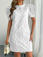 Load image into Gallery viewer, Women's White Mini Dress Puff Sleeve Textured Lace Shift