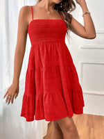 Load image into Gallery viewer, Women's Red Tiered Mini Dress Smocked Bodice Spaghetti Strap Flowy Style