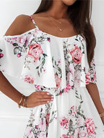 Load image into Gallery viewer, Women's White Floral Mini Dress Off Shoulder Ruffle Sleeve