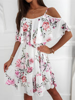 Load image into Gallery viewer, Women's White Floral Mini Dress Off Shoulder Ruffle Sleeve