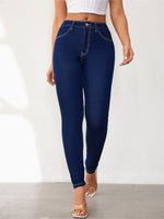 Load image into Gallery viewer, Effortless Dark Blue Relaxed Skinny Jeans for Women with High Waist Slim Fit Contrast Stitch