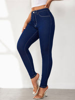 Load image into Gallery viewer, Effortless Dark Blue Relaxed Skinny Jeans for Women with High Waist Slim Fit Contrast Stitch