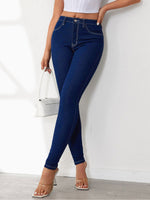 Load image into Gallery viewer, Effortless Dark Blue Relaxed Skinny Jeans for Women with High Waist Slim Fit Contrast Stitch