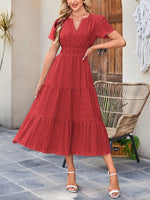 Load image into Gallery viewer, Women's Red Dress V Neck Puff Sleeve Tiered Flowy Midi Style