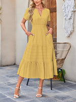 Load image into Gallery viewer, Women's Yellow Maxi Dress Notch Neck Elastic Waist Short Sleeve