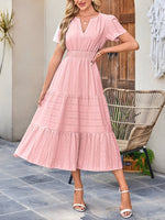 Load image into Gallery viewer, Women's Pink Dress V Neck Short Sleeve Tiered Midi Style