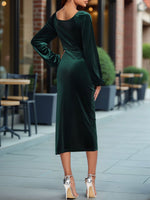 Load image into Gallery viewer, Elegant Mother of the Bride Green Velvet Midi Dress for Women with V Neck Side Slit