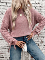 Load image into Gallery viewer, Women's Sweatshirt Lace Trim Sleeve Crewneck Waffle Knit Style