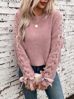 Load image into Gallery viewer, Women's Sweatshirt Lace Trim Sleeve Crewneck Waffle Knit Style