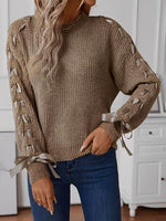Load image into Gallery viewer, Women's Sweatshirt Lace Trim Sleeve Crewneck Waffle Knit Style
