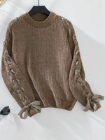 Load image into Gallery viewer, Women's Sweatshirt Lace Trim Sleeve Crewneck Waffle Knit Style