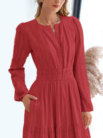 Load image into Gallery viewer, Women's Red Tiered Maxi Dress Smocked Waist Long Sleeve Flowy Style