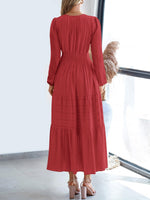 Load image into Gallery viewer, Women's Red Tiered Maxi Dress Smocked Waist Long Sleeve Flowy Style