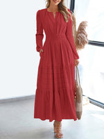 Load image into Gallery viewer, Women's Red Tiered Maxi Dress Smocked Waist Long Sleeve Flowy Style