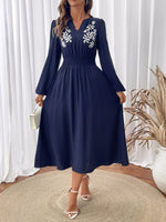 Load image into Gallery viewer, Women's Navy a Line Wedding Dress Embroidered V Neck Long Sleeve