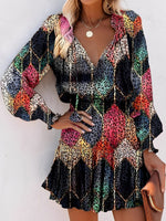 Load image into Gallery viewer, Women's Mini Dress V Neck Long Sleeve Tiered Flowy Style