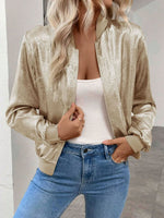 Load image into Gallery viewer, Women's Gold Bomber Jacket Zip Front Ribbed Trim Cropped Style