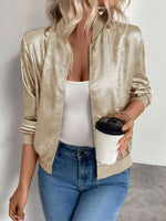 Load image into Gallery viewer, Women's Gold Bomber Jacket Zip Front Ribbed Trim Cropped Style