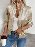 Load image into Gallery viewer, Women's Gold Bomber Jacket Zip Front Ribbed Trim Cropped Style
