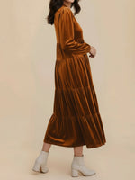 Load image into Gallery viewer, Women's Velvet Midi Dress Collar Long Sleeve Tiered Flowing Fall Wedding Guest Style