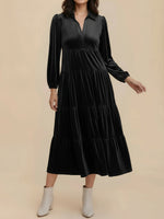 Load image into Gallery viewer, Women's Velvet Midi Dress Collar Long Sleeve Tiered Flowing Fall Wedding Guest Style