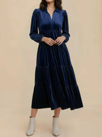 Load image into Gallery viewer, Women's Velvet Midi Dress Collar Long Sleeve Tiered Flowing Fall Wedding Guest Style