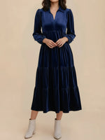 Load image into Gallery viewer, Women's Velvet Midi Dress Collar Long Sleeve Tiered Flowing Fall Wedding Guest Style