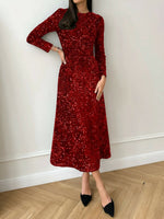 Load image into Gallery viewer, Women's Sequin Maxi Dress Round Neck Long Sleeve Flowing Sparkle Autumn Wedding Guest Style