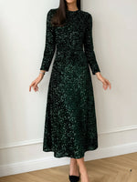 Load image into Gallery viewer, Women's Sequin Maxi Dress Round Neck Long Sleeve Flowing Sparkle Autumn Wedding Guest Style